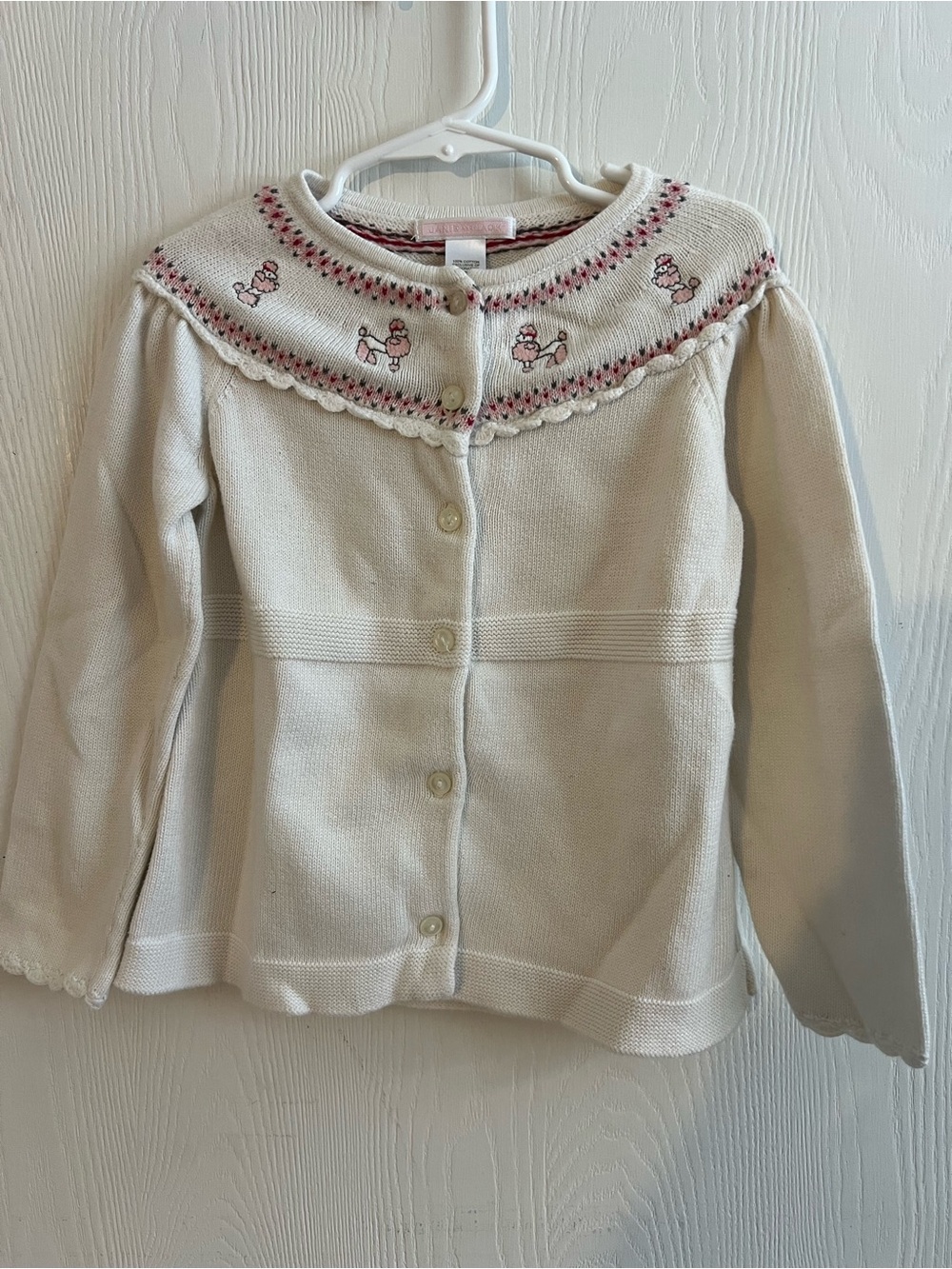 Girls' Cream Knit Cardigan with Pink Embroidered Collar